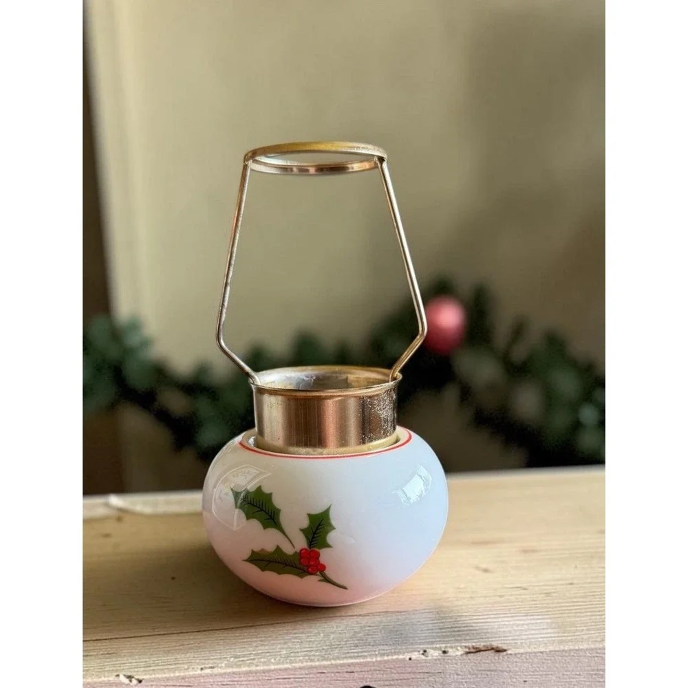 Vintage Porcelain Holly Christmas Mini Candle Lamp Y-7655 w Box Japan Red Green